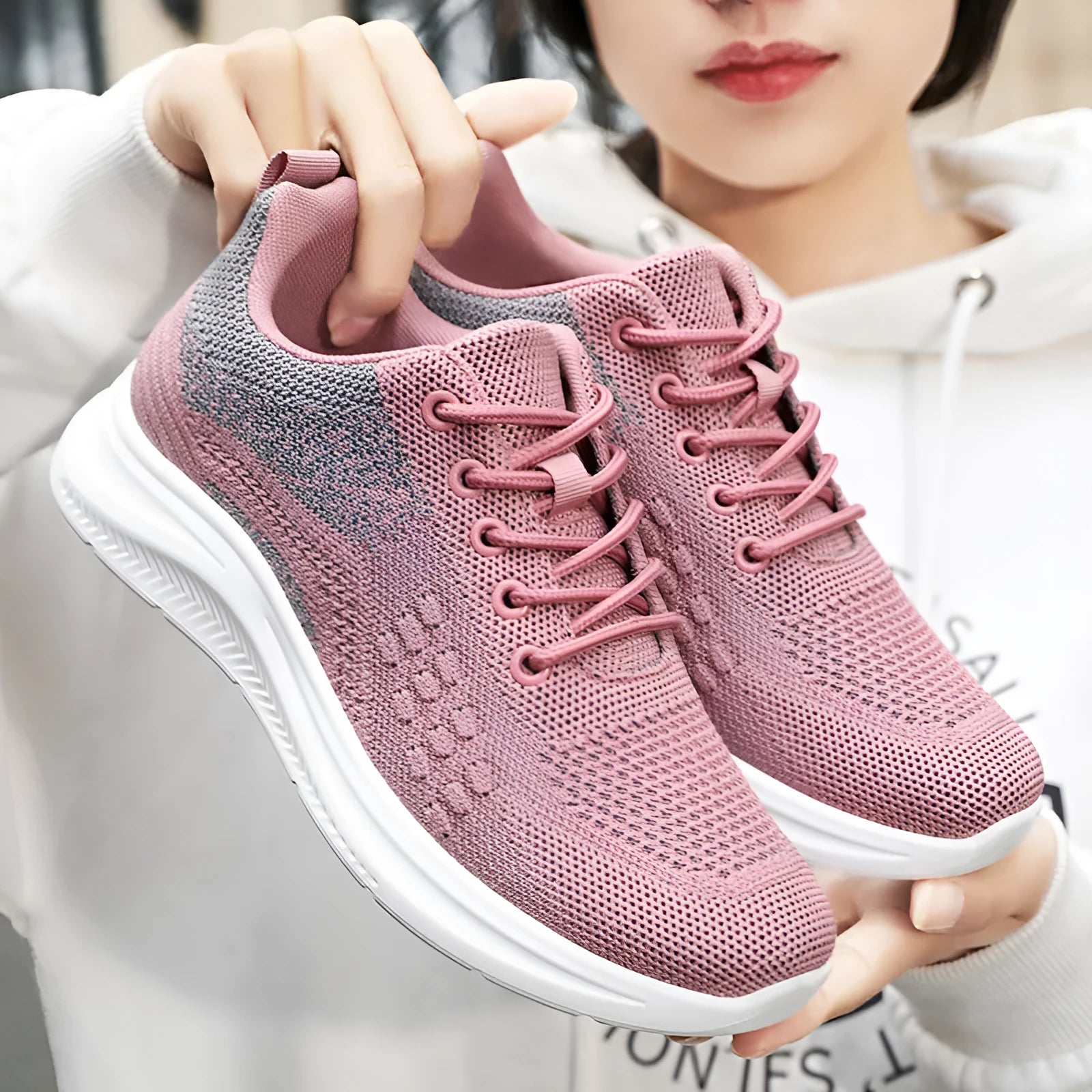 Women's lightweight mesh sneakers in black, grey or pink with round toe and lace-up front
