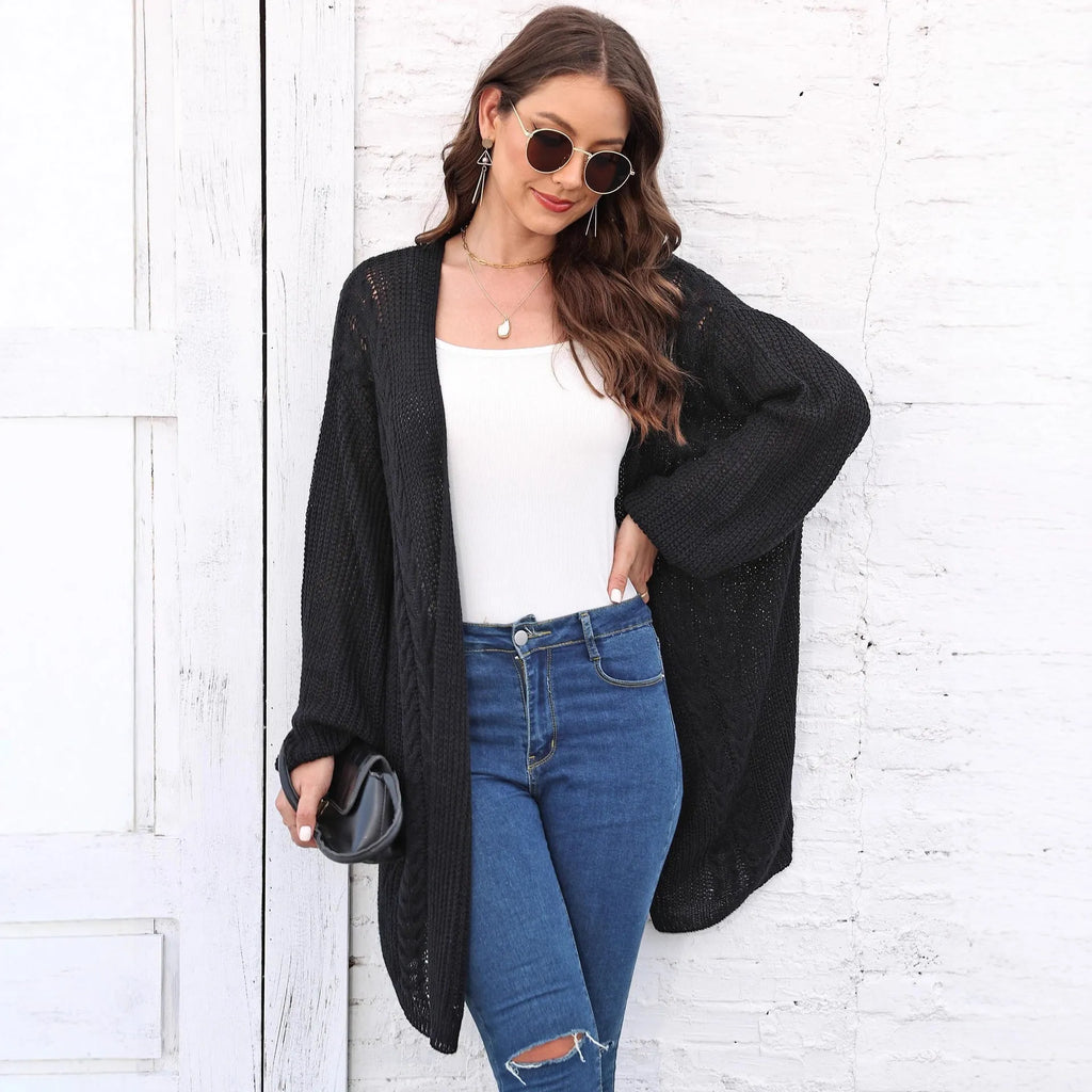 Women's loose casual acrylic cardigan in army green, shown front-on