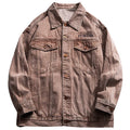 Men's vintage denim jacket in brownish red, loose fit, cross detail, lapel collar, cotton denim, sizes M-5XL.