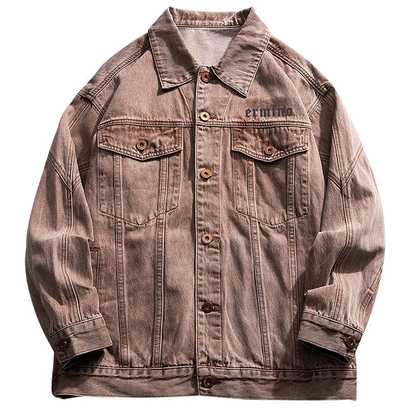 Men's vintage denim jacket in brownish red, loose fit, cross detail, lapel collar, cotton denim, sizes M-5XL.
