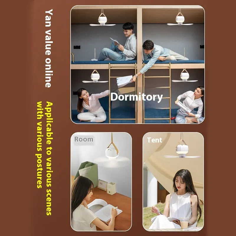 Portable rechargeable ceiling fan with remote control and night light for camping.