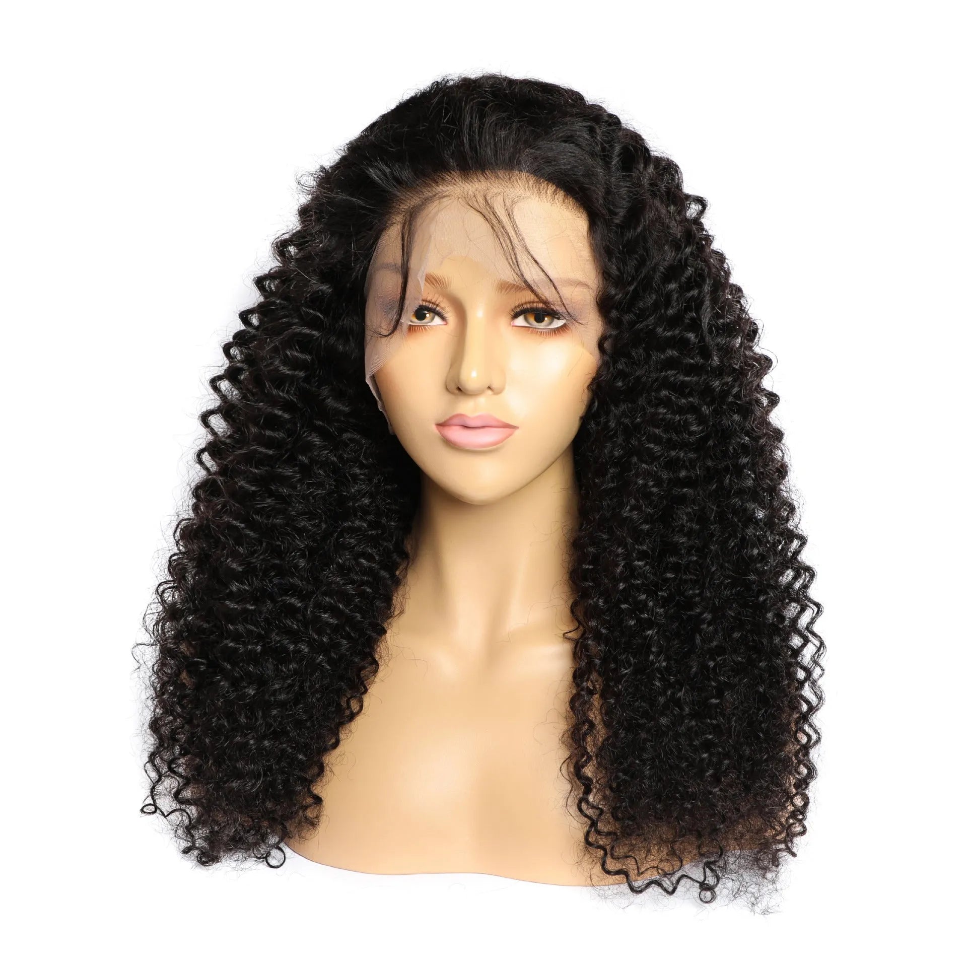 Curly human hair lace front wig in long lengths, showcasing hand-tied construction and voluminous 150 density.