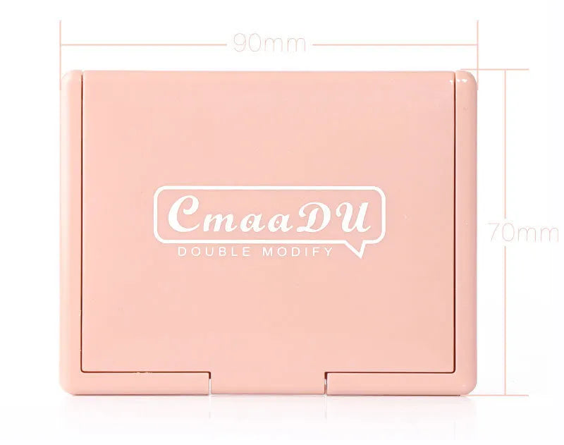 Two-tone blush highlighter and contouring palette 90x70mm with three colour combinations: warm grey shadow, warm orange blush, peach apricot pink blush