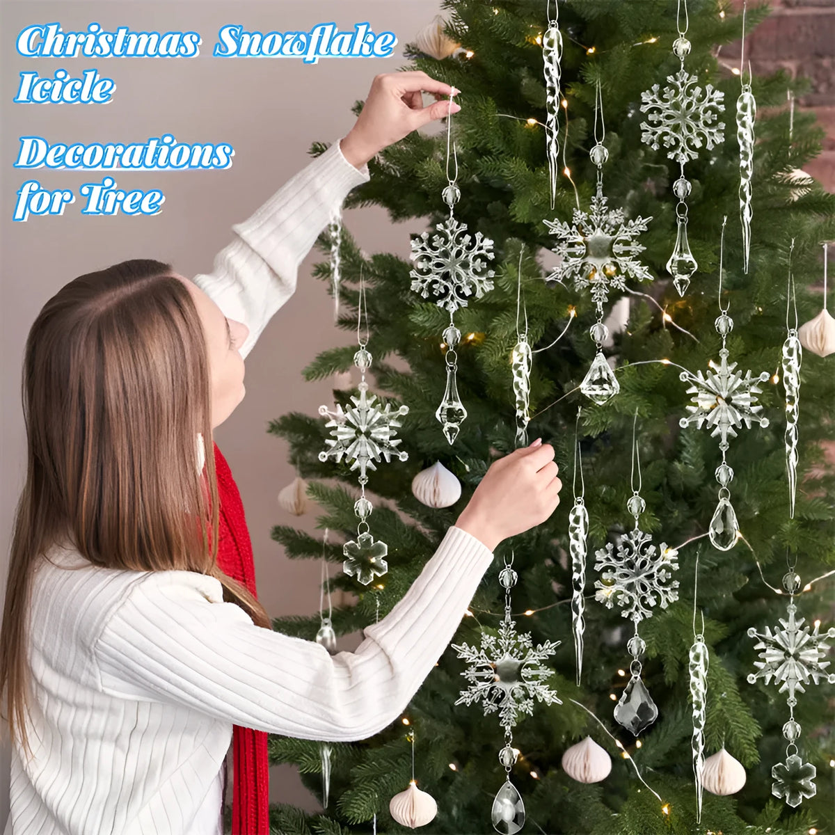 10 clear acrylic icicle Christmas tree hanging pendants with ribbon, transparent finish, indoor winter decor set