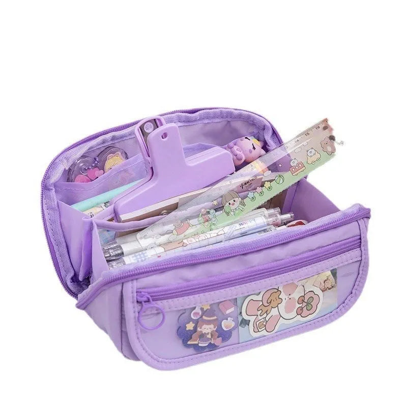 Korean-style ten-layer flip pencil case in canvas with multiple compartment storage
