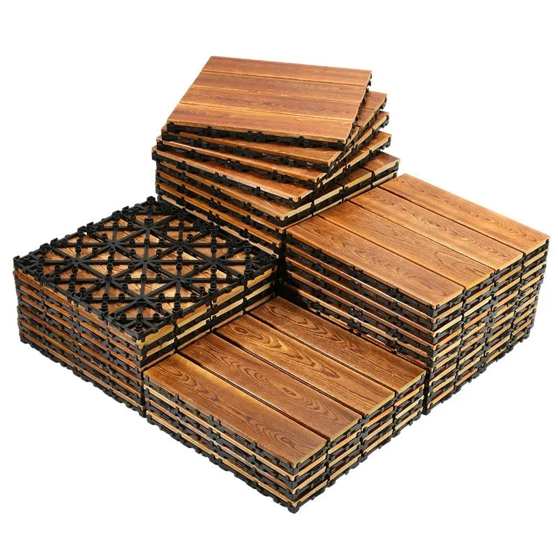 Set of four square camphor pine wood flooring tiles with a modern grain, measuring 30x30cm.