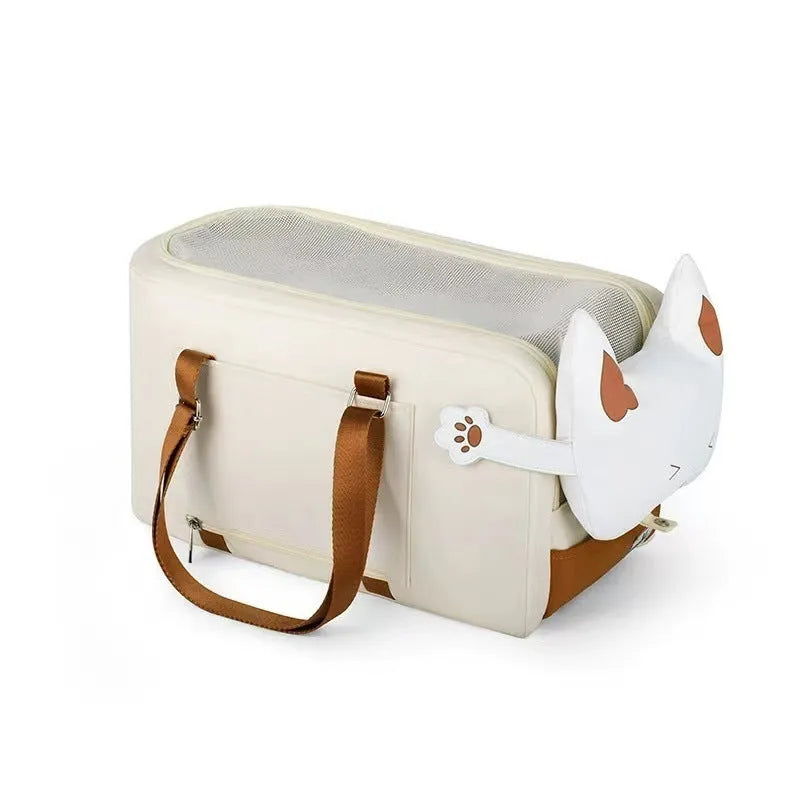 Beige hard-shell pet flight case with one-shoulder carry strap and EPE padded interior