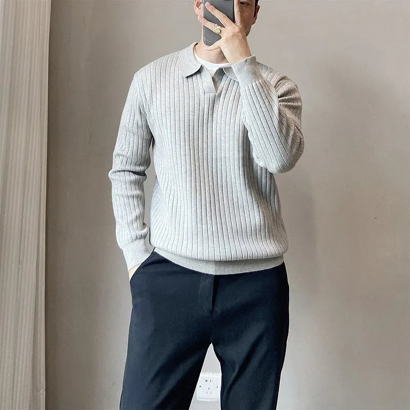 Male model wearing loose fit striped elastic knit sweater in modal and rabbit fur blend fabric