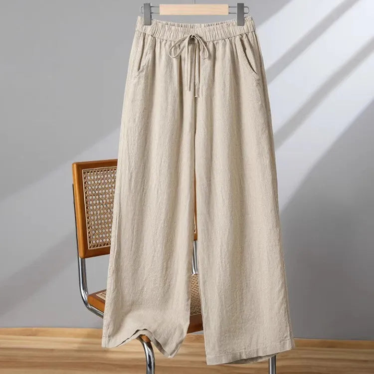 Women's apricot straight-leg casual pants with elastic waist and lace-up drawstring