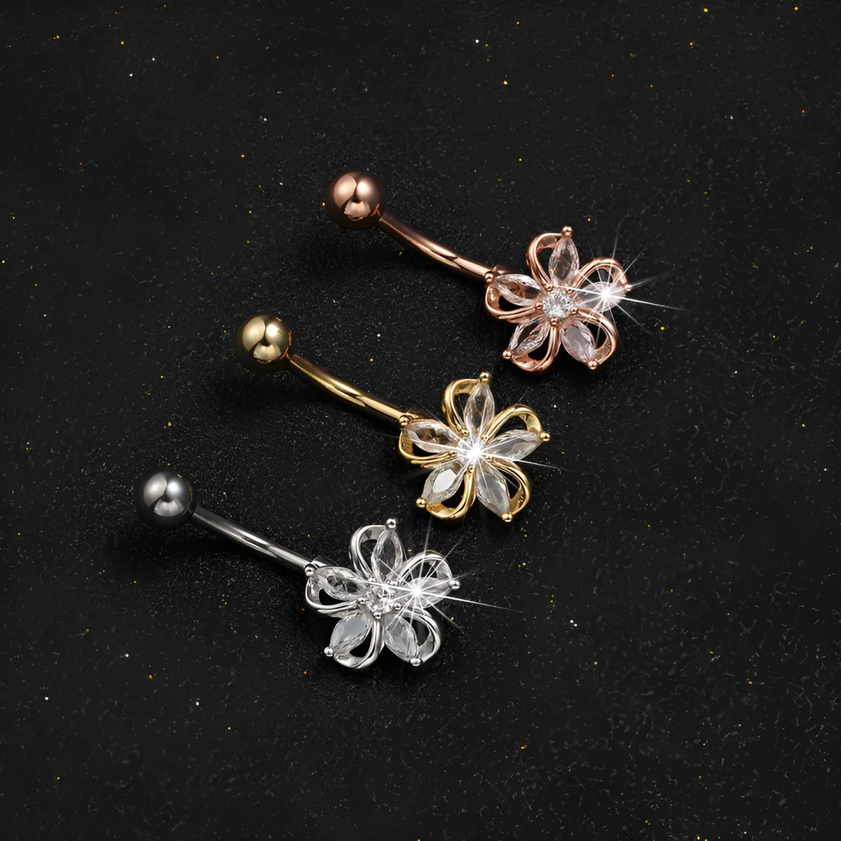 Copper navel stud with zircon flower design in electroplated gold finish