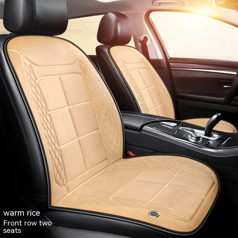 Car seat heating cushion in beige colour on a vehicle seat, showcasing its auto heating function and cotton filler.