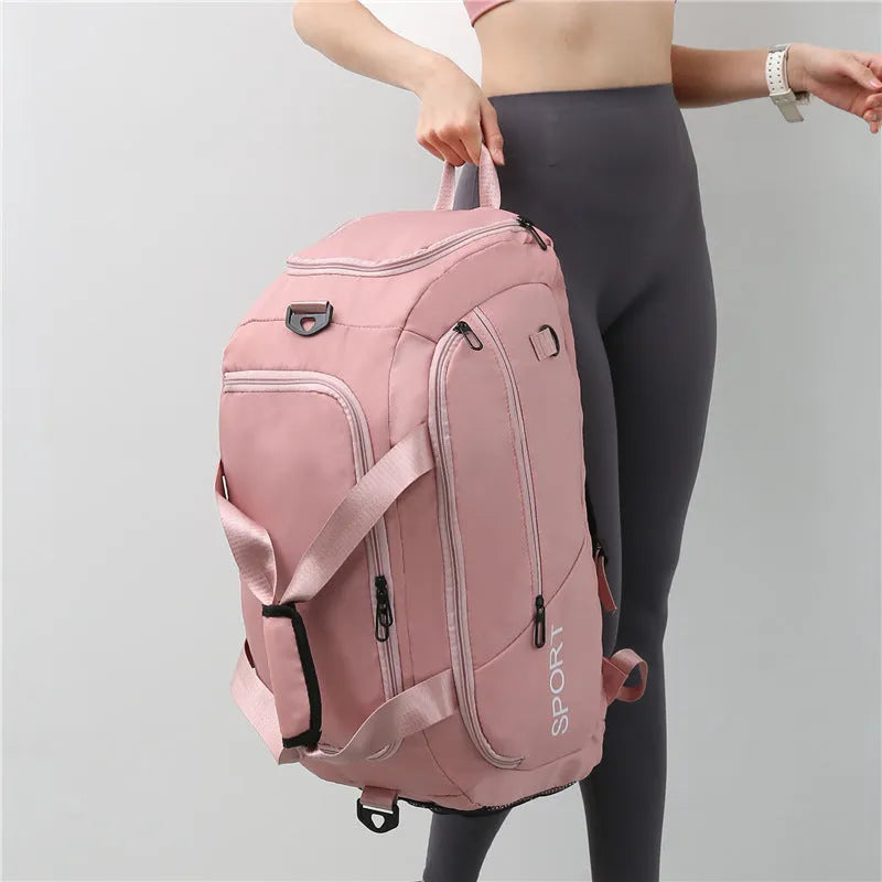 Oxford sports gym backpack with shoe compartment and multiple pockets, 55x30x22cm, available in five colours.