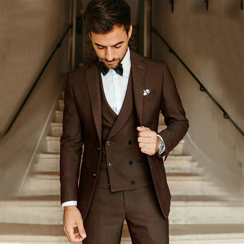 Men's cotton swallowtail suit set including jacket, vest, and trousers in black