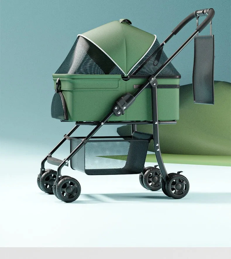 Black folding pet cart with removable frame and large transport capacity