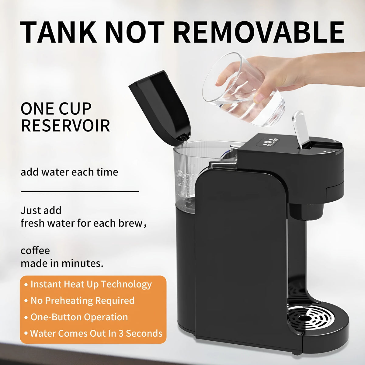 Black and white compact K-Cup capsule coffee machine with transparent water tank on kitchen counter.