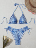 Denim blue printed women's bikini set with strap design
