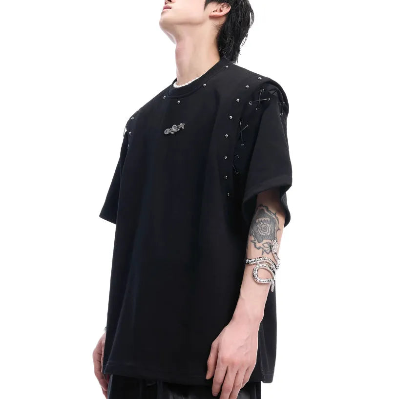 Women's black short sleeve t-shirt with lace-up detail and cutout design on front.