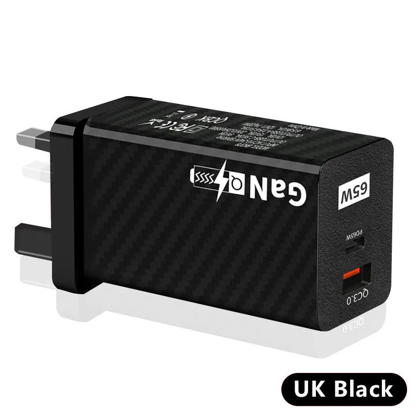 65W Gallium Nitride laptop charger in black with compact rectangular design showing USB+PD port