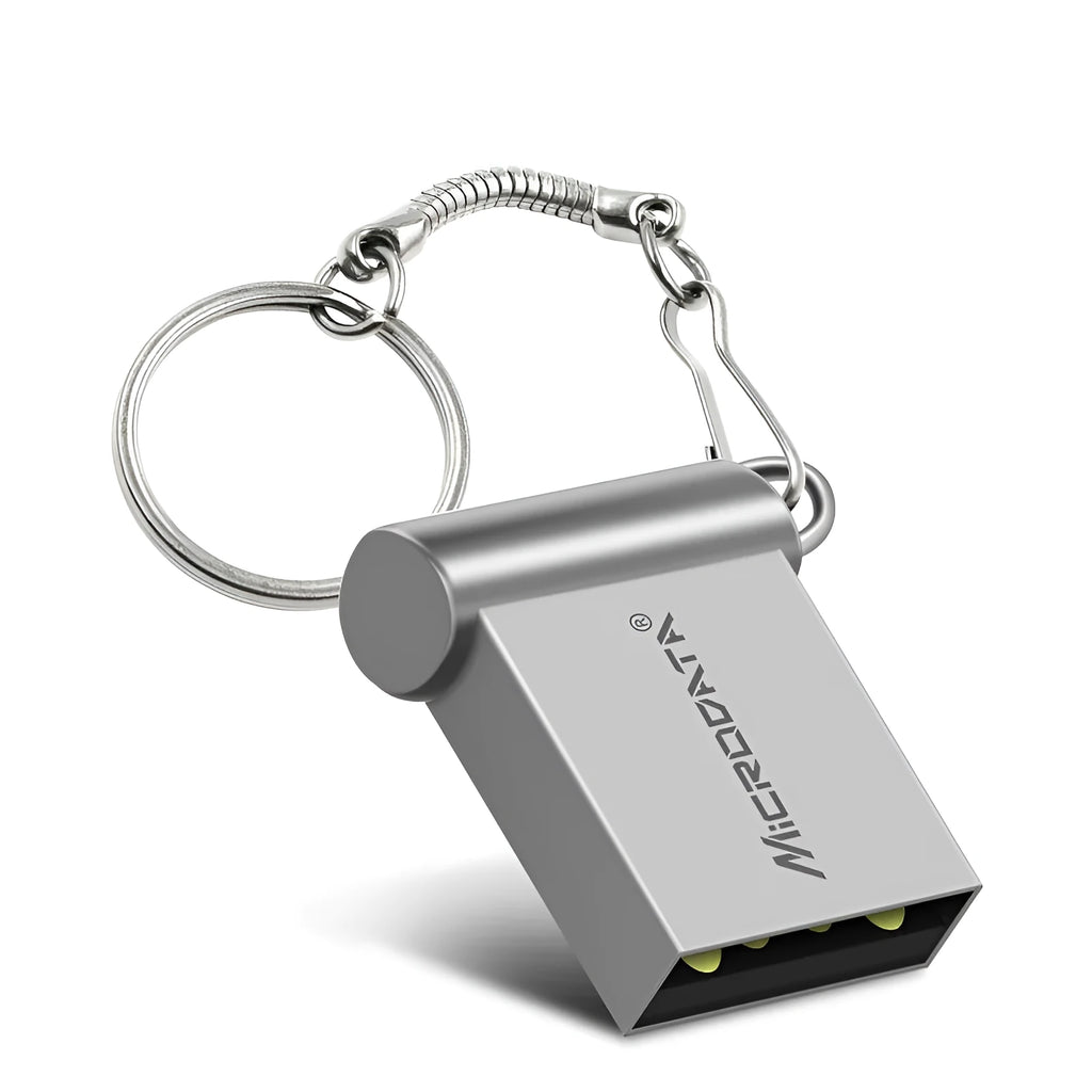 Small silver metal car-shaped USB flash drive on a keyring chain.