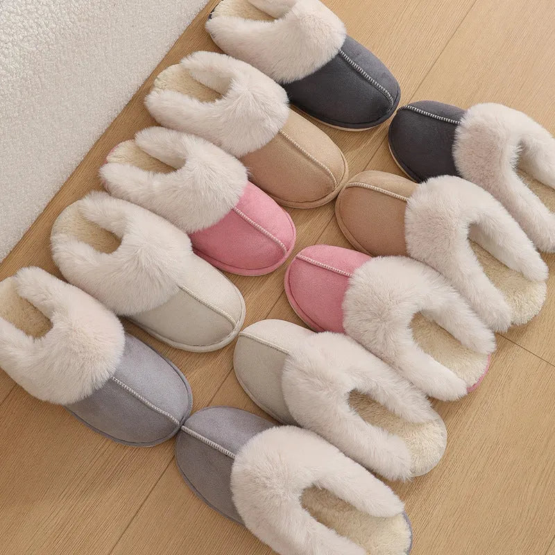 Women's plush indoor slippers with round toe, flat heel, and anti-slip PVC sole in five colour options