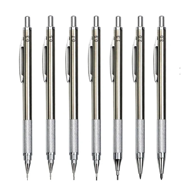Silver metal automatic mechanical pencil with six compatible lead sizes from 0.5mm to 2.0mm on a notebook.