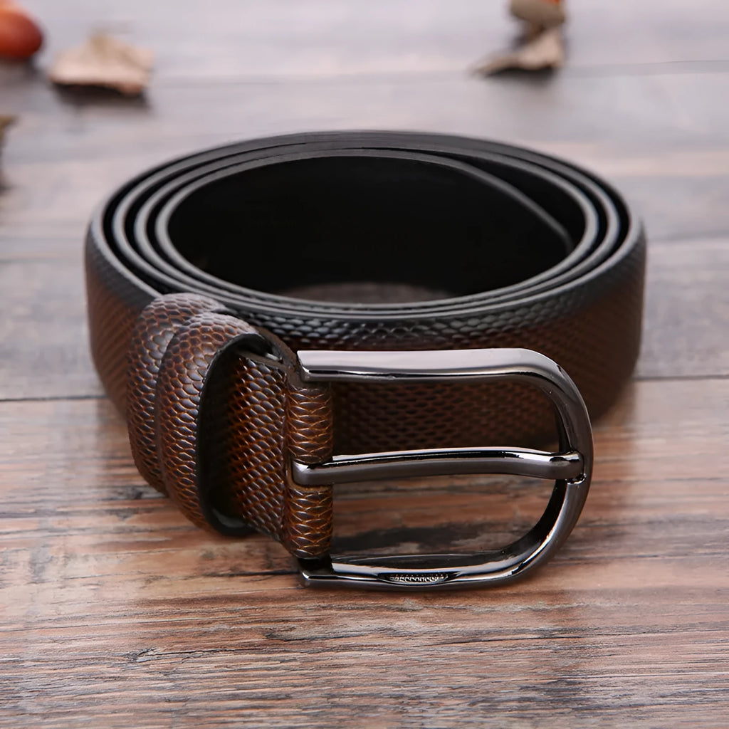 Men's formal business belt with laser logo pattern and alloy pin buckle.