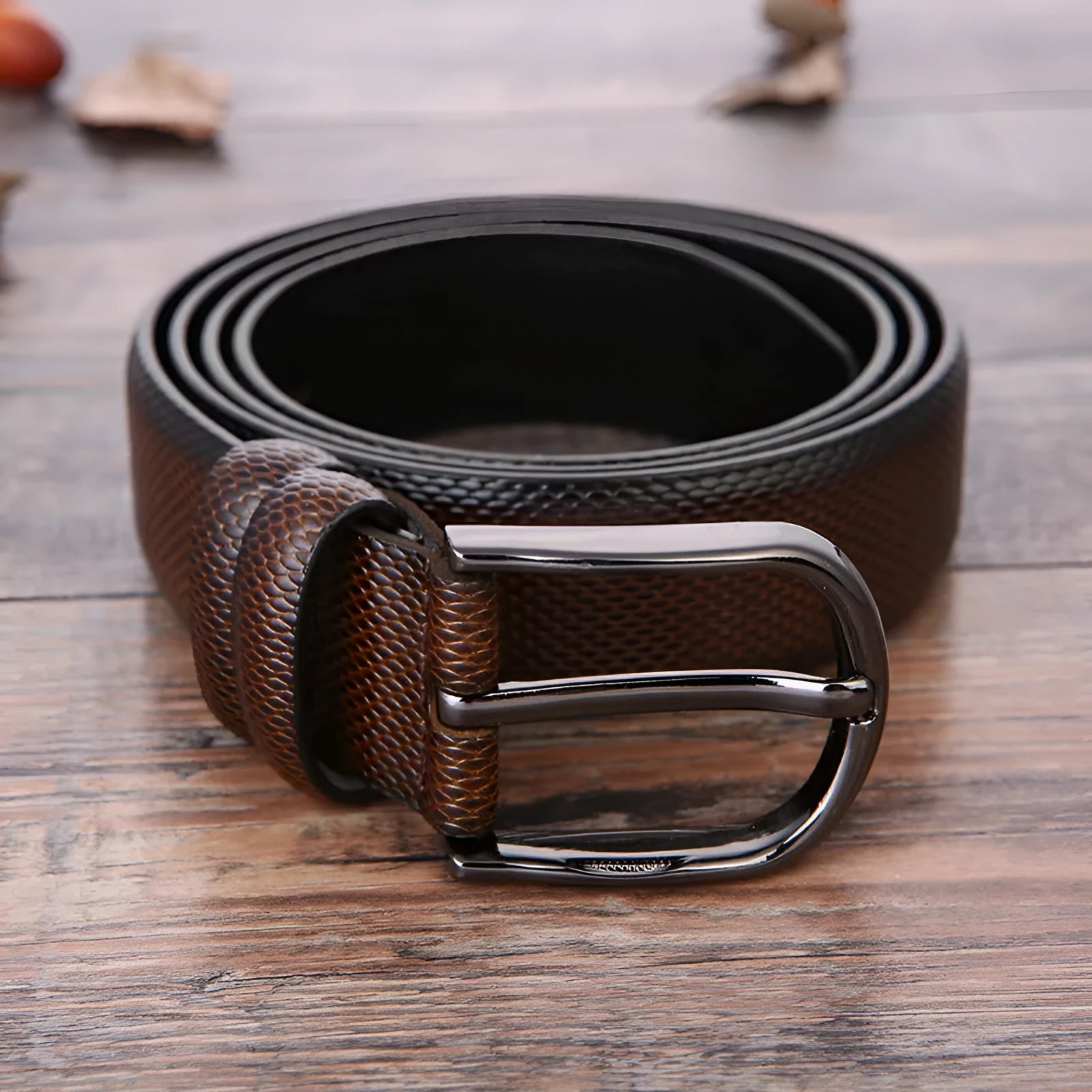 Men's formal business belt with laser logo pattern and alloy pin buckle.
