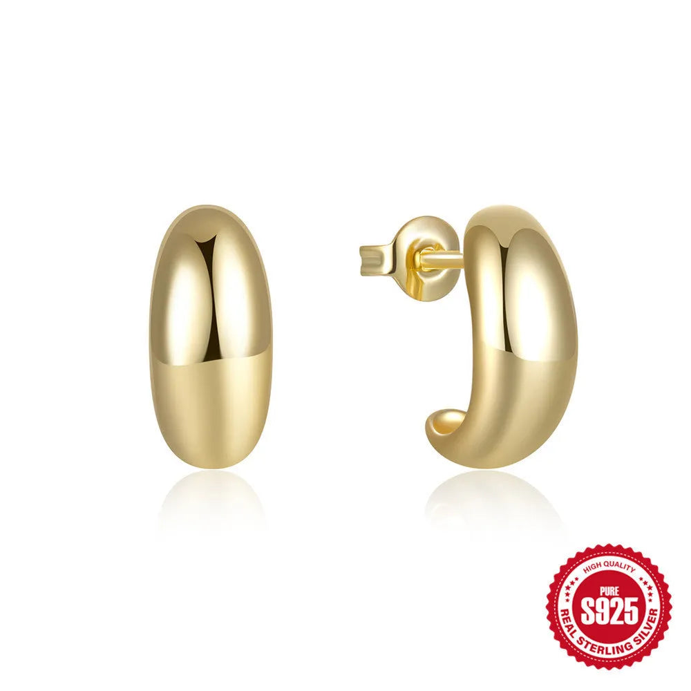 A pair of simple C-shaped ring stud earrings in 925 sterling silver, shown in both gold and silver colour options.