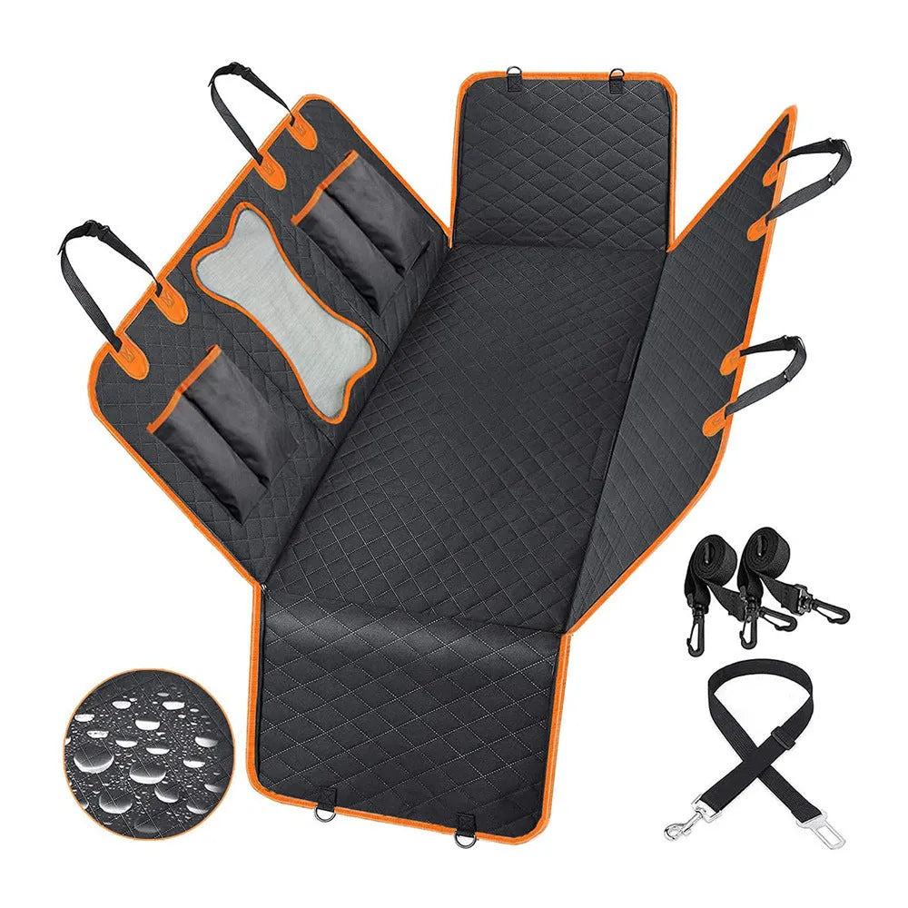 Black waterproof dog car seat cover with orange edging and mesh window installed on vehicle rear seats