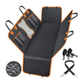 Black waterproof dog car seat cover with orange edging and mesh window installed on vehicle rear seats