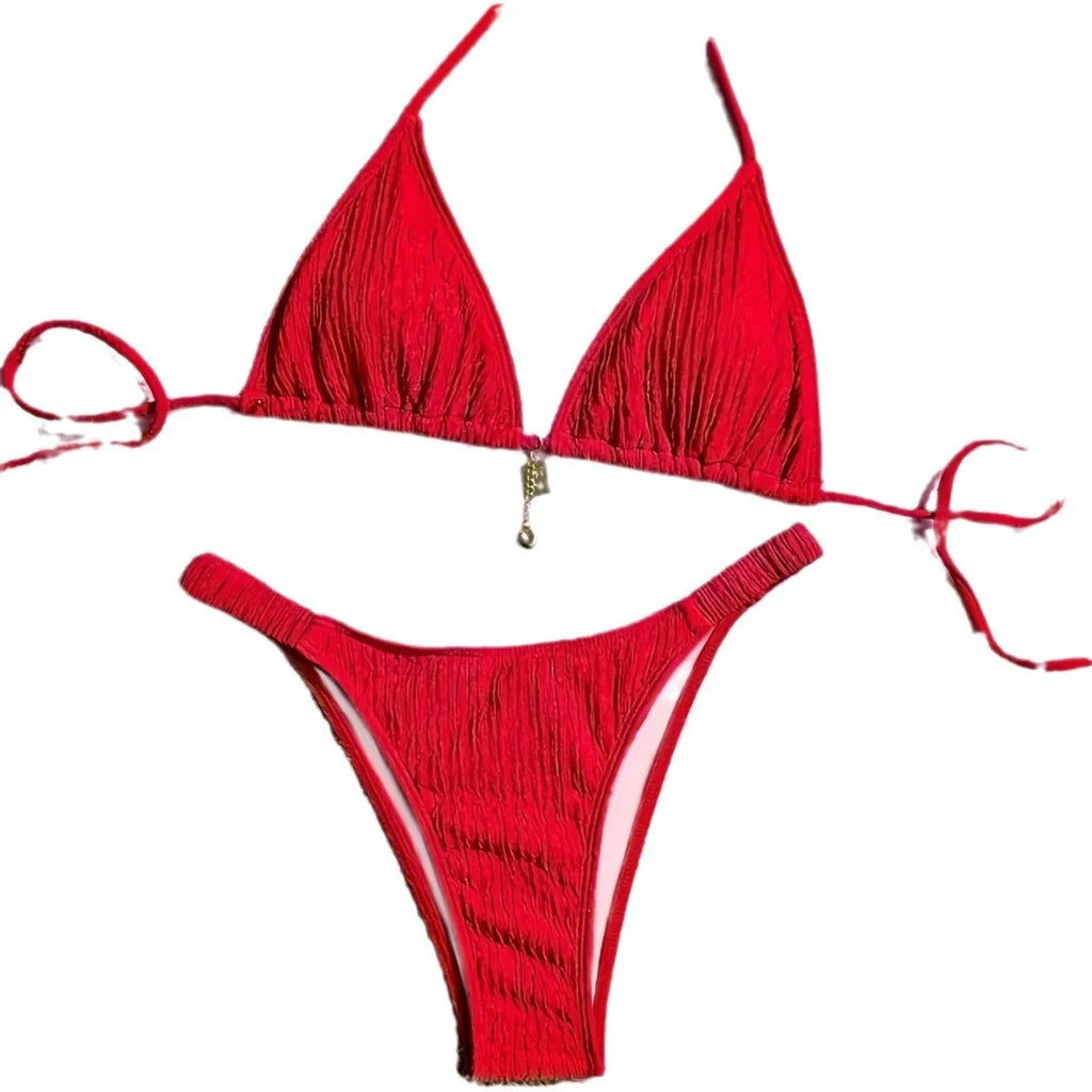 Red high waist pleated bikini set with tied split top and briefs, polyester nylon, sizes S to XL
