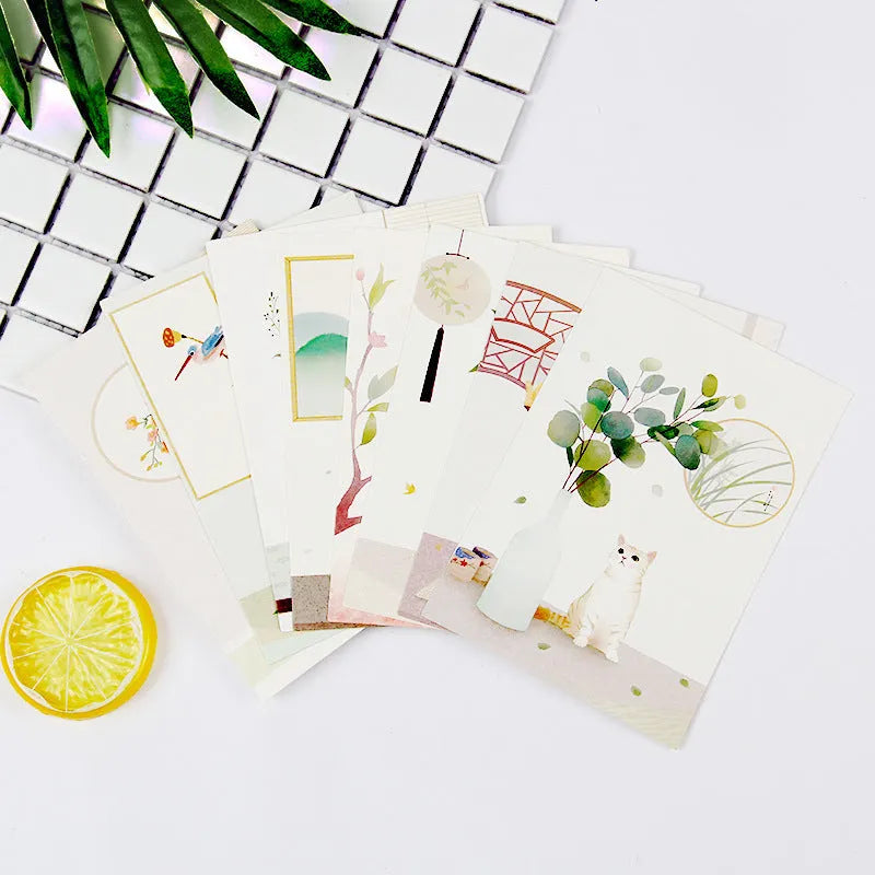 Nine Japanese-style postcards showing historic sites in cartoon minimalist illustration style