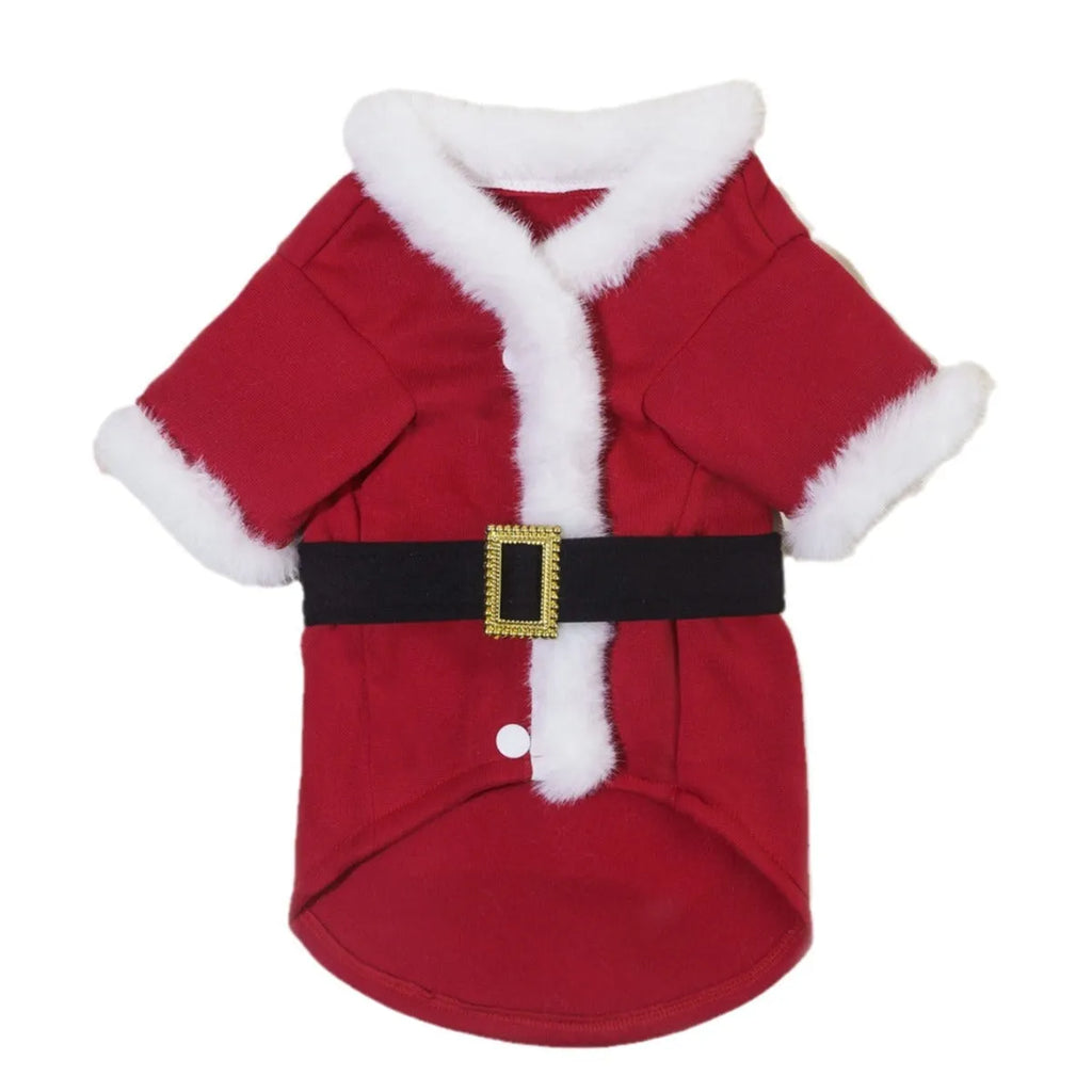 Red polyester Christmas pet clothing for cats and dogs on a plain background