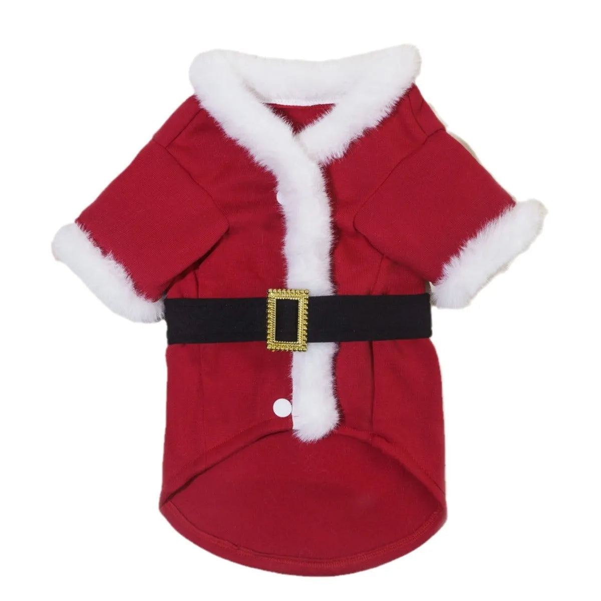 Red polyester Christmas pet clothing for cats and dogs on a plain background