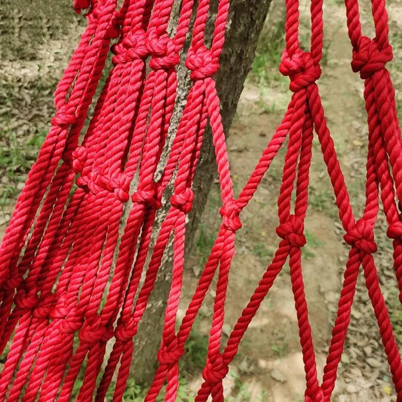 Outdoor nylon rope mesh hammock measuring 1.1m wide by 2.1m long with tying ropes