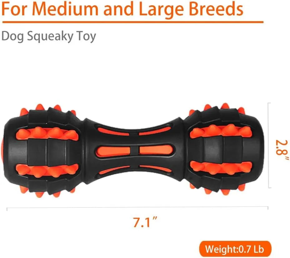 Red dumbbell-shaped dog chew toy with natural rubber construction and squeaky function