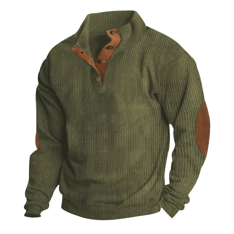 Men's casual stand-collar long sleeve pullover sweatshirt in solid colour with striped design, polyester fabric, loose fit