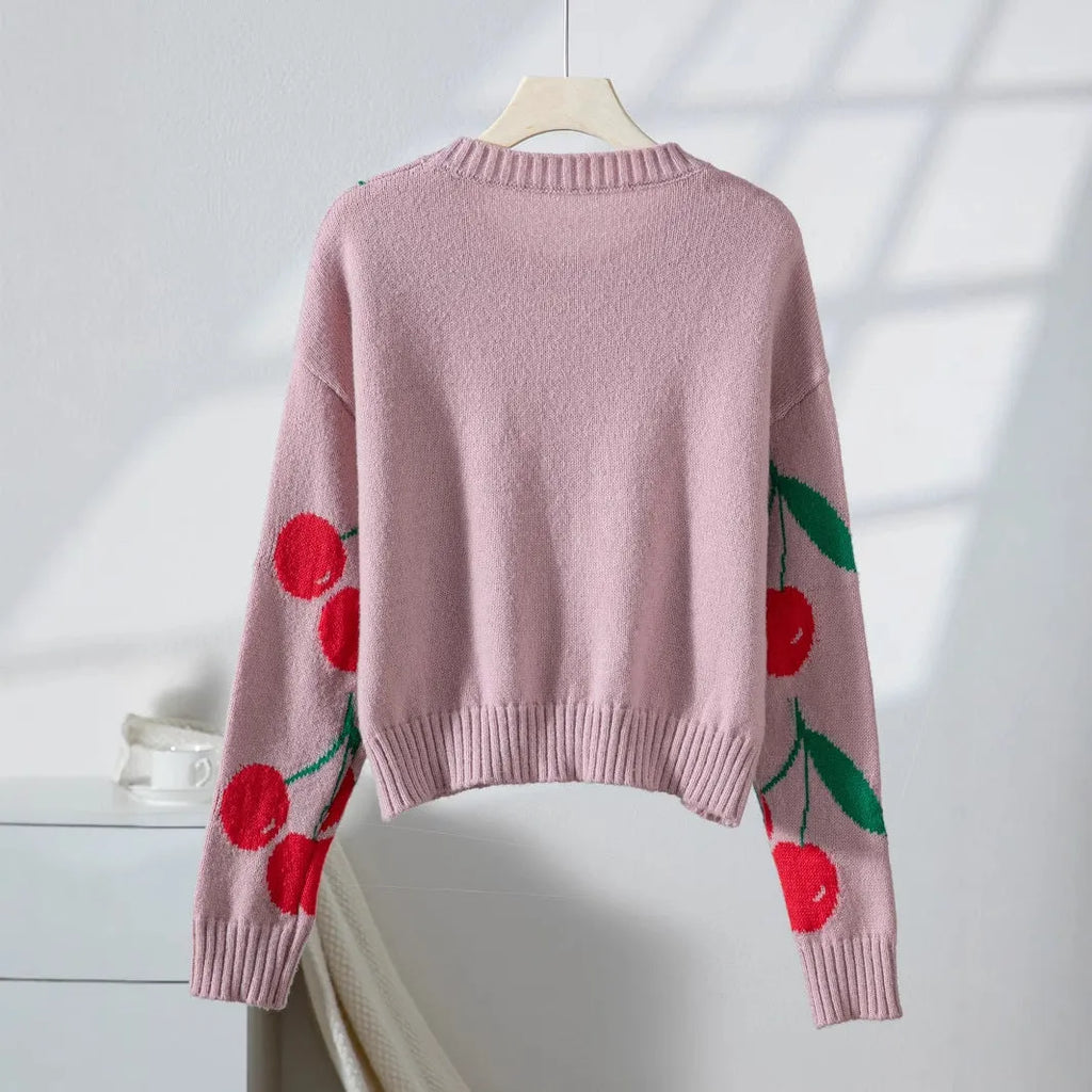 Pink cherry jacquard loose fit long sleeve knitwear, polyester, sizes S to XL