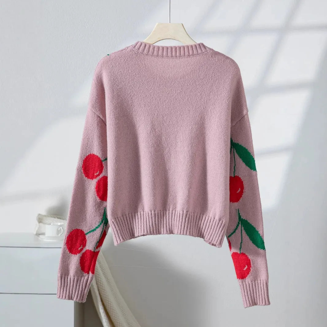 Pink cherry jacquard loose fit long sleeve knitwear, polyester, sizes S to XL