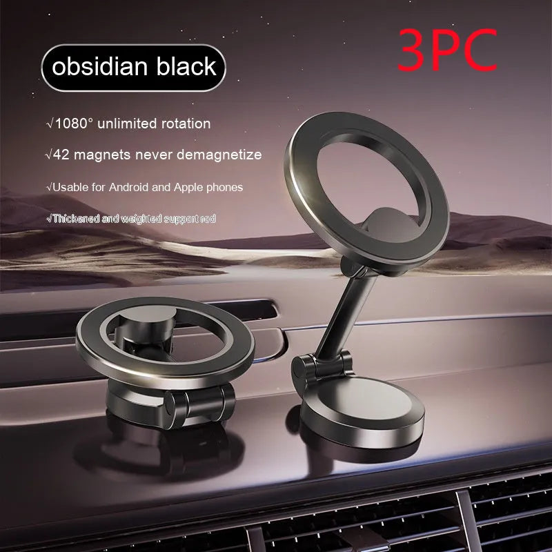 Foldable all-metal magnetic car phone mount in Qian colour on a car dashboard.