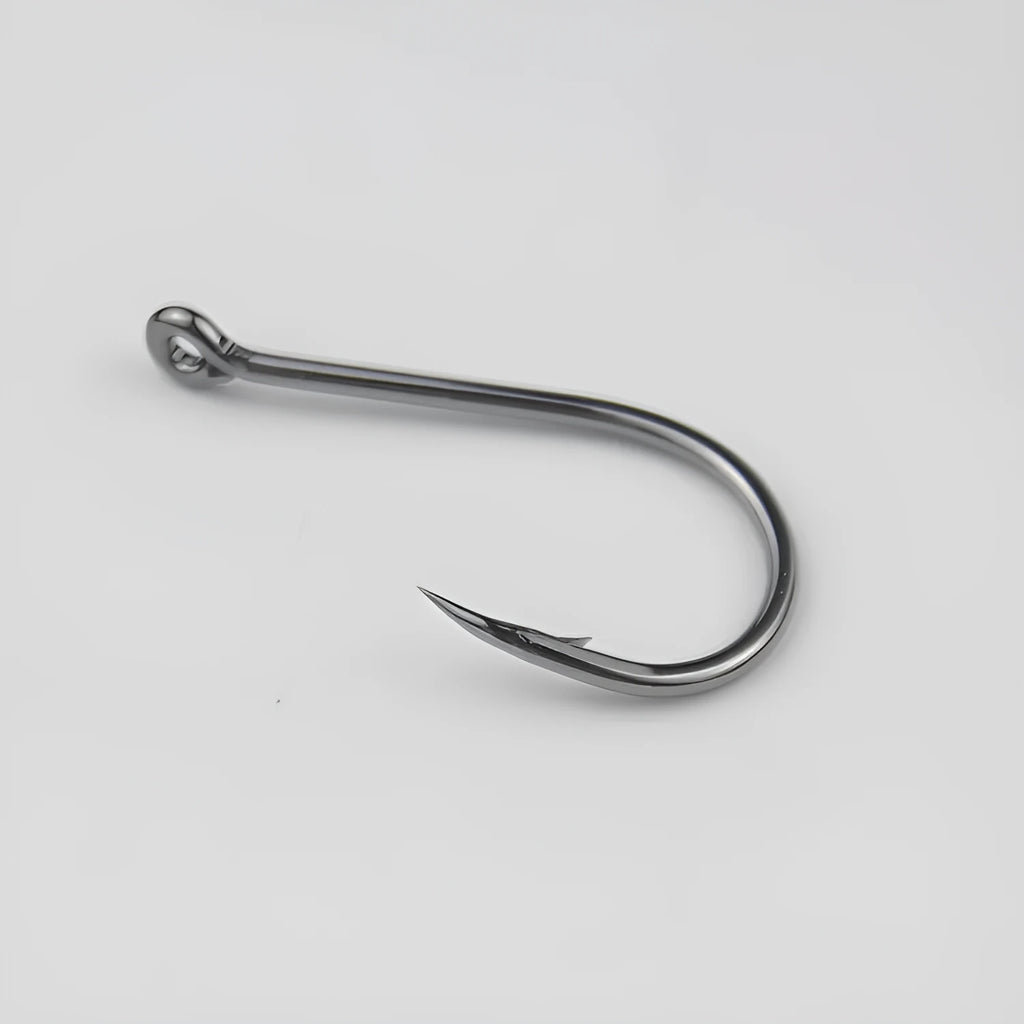 Barbed fishing hooks in various sizes from small to large on a blue background
