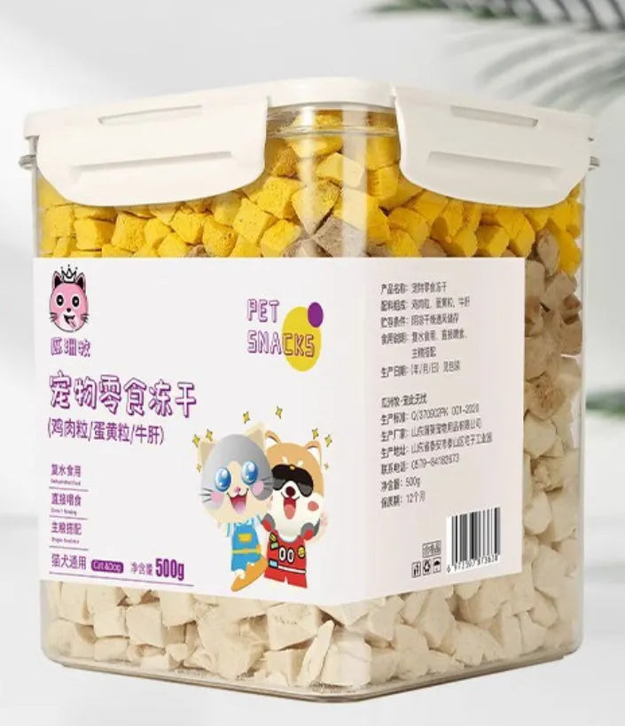500g barrel of cat training snacks in chicken, liver, egg yolk and fish recipe options