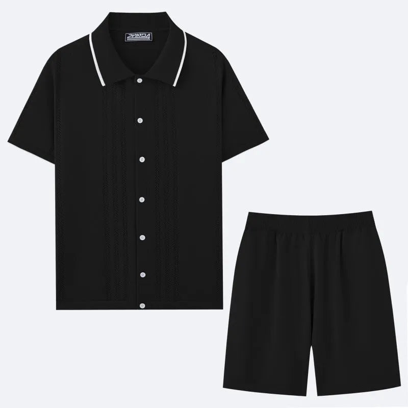 Tencel viscose knitted business casual two-piece set showing short sleeve top and matching shorts.