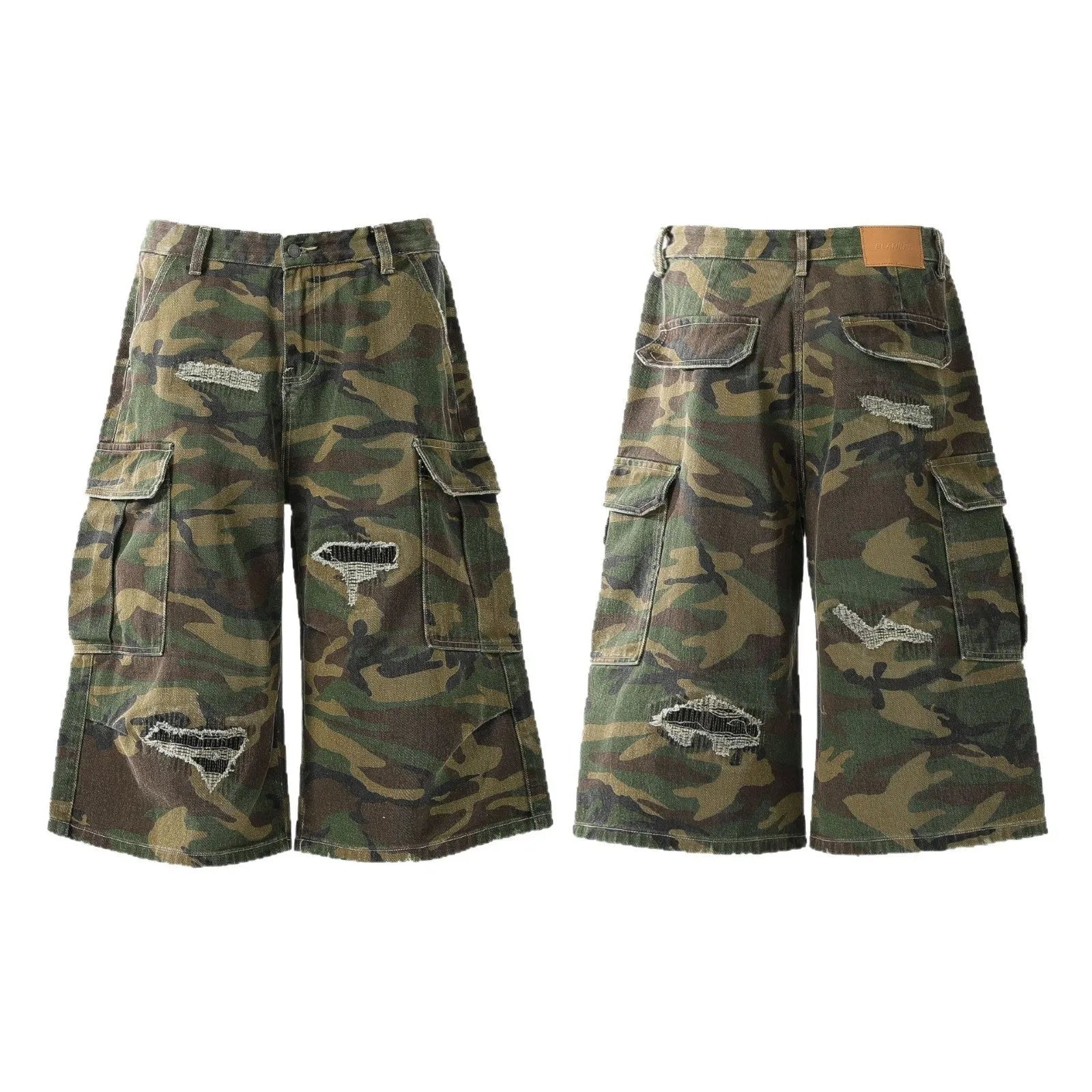 Retro camouflage cropped cotton denim trousers for men, straight-leg, mid-waist, available in sizes S to XXL.