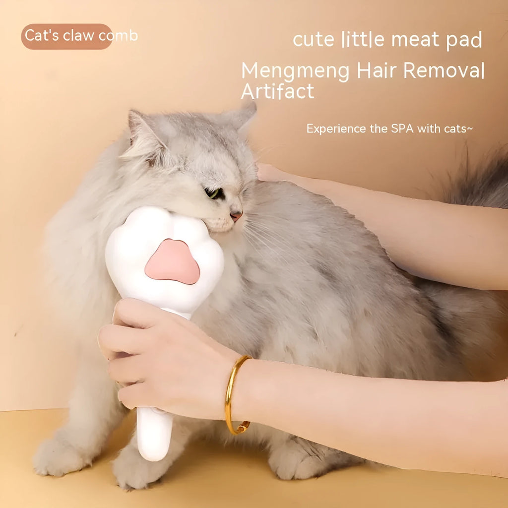 White plastic cat paw pet comb with massage action and one-click hair removal function