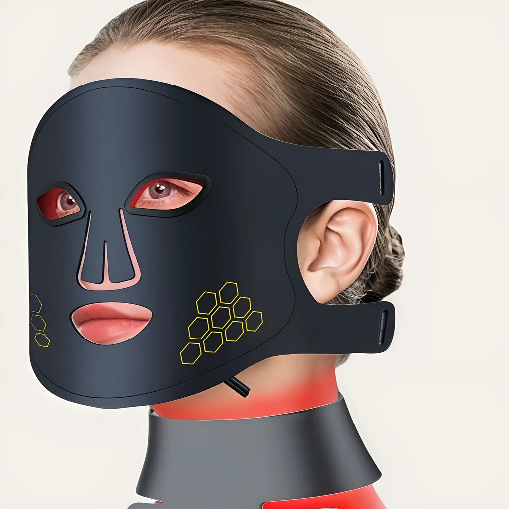 Black four-colour LED photon mask for home skin therapy on a white background.