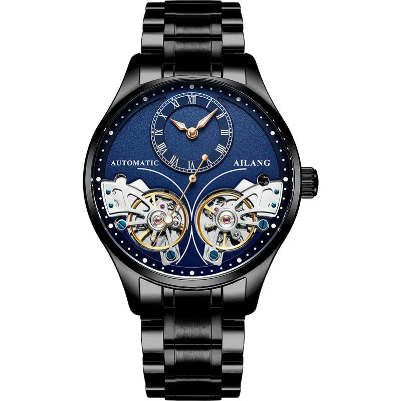 Automatic men's watch with tourbillon and moon phase on black steel strap