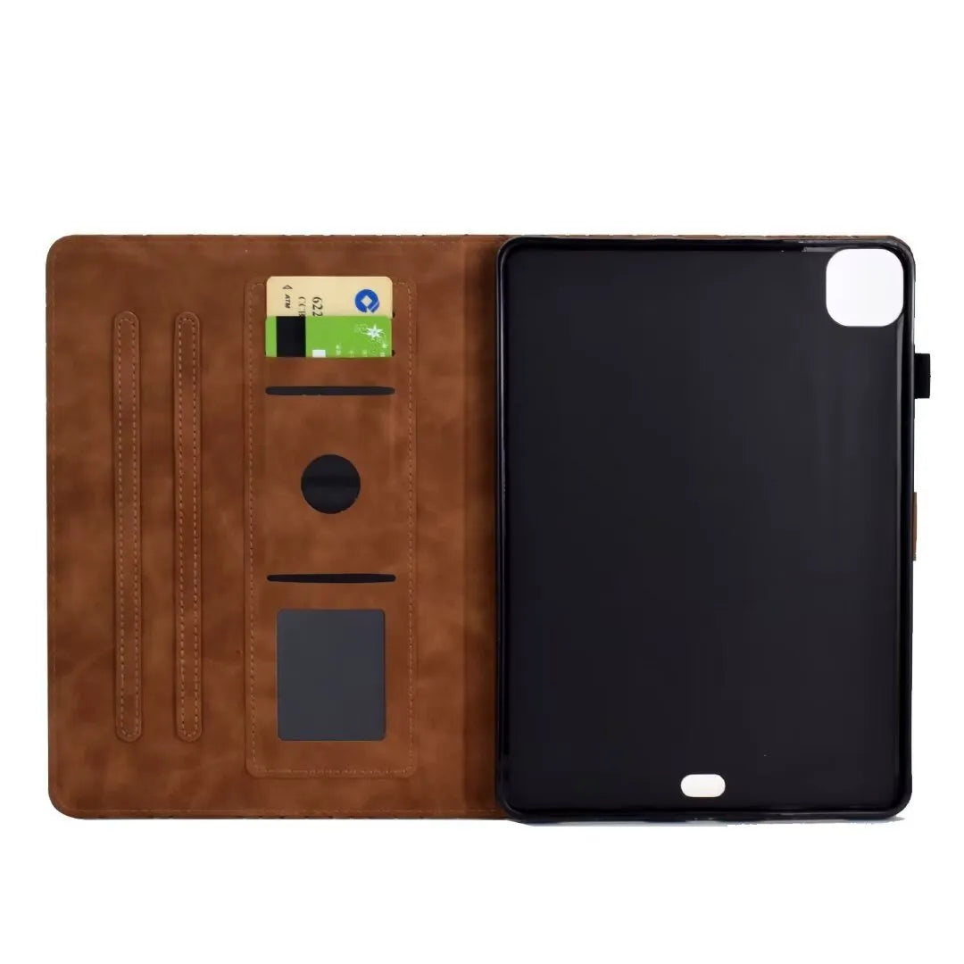 Embossed leather iPad case for iPad Pro 11 and Air 11 with card holder slot and stand open.