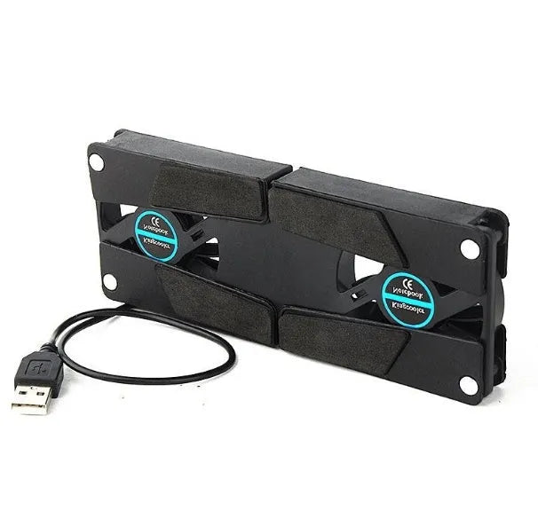 Foldable USB laptop cooling pad with two 6cm fans, alloy body, anti-slip feet, open size 27 x 18 x 2.2cm