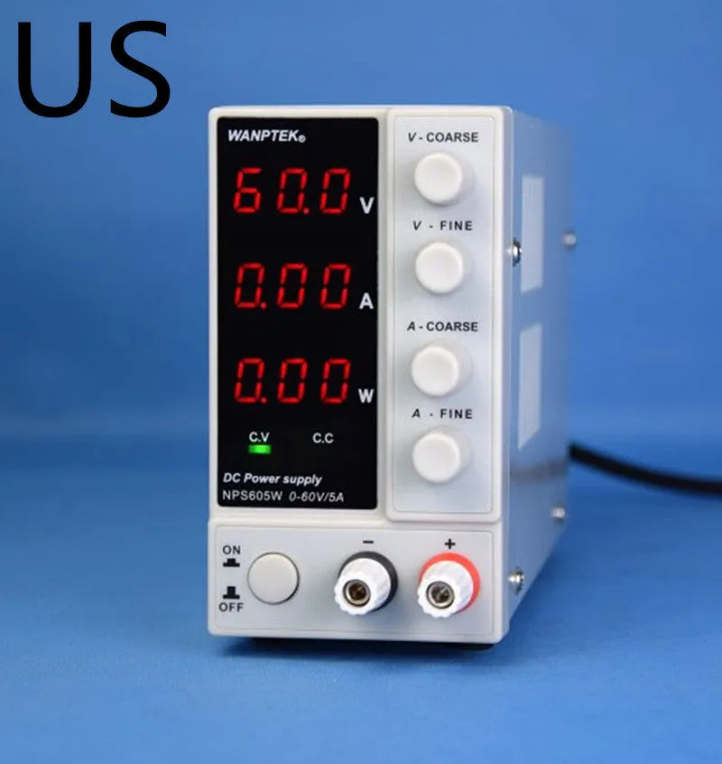 White adjustable DC bench power supply for mobile phone and notebook repair with voltage and current controls.